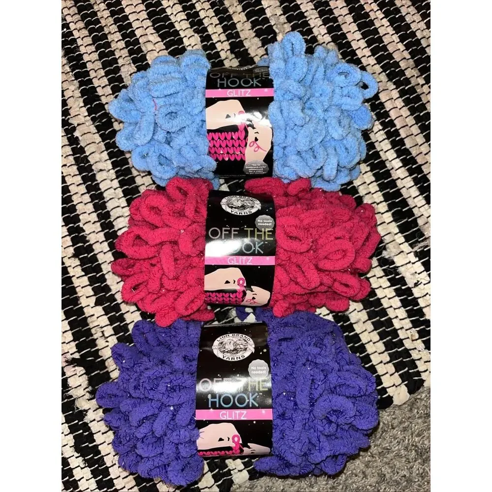 Bundle Of 3 Lion Brand Loop Yarn Off The Hook Glitz. Magenta, grape, Sky Blue
